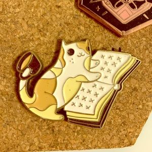 Cat with book enamel pin by boygirlparty